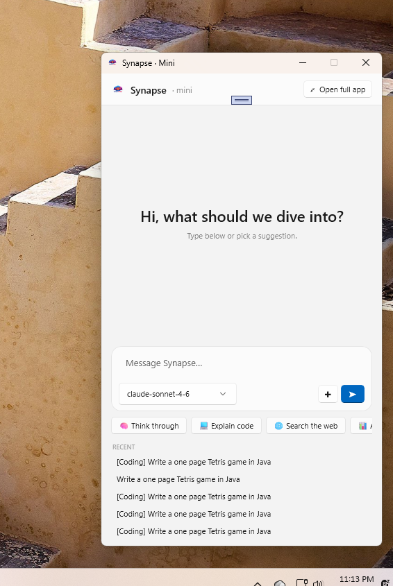 SynapseBridge Mini — compact floating assistant window