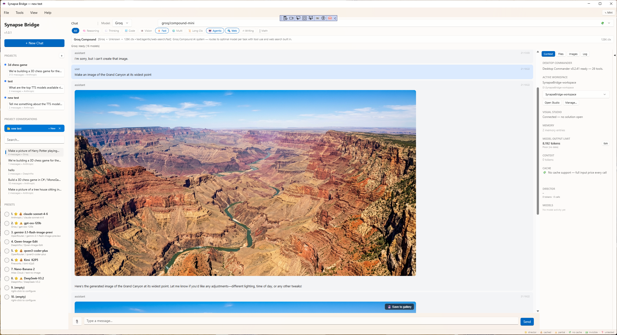 SynapseBridge chat interface with multiple AI providers