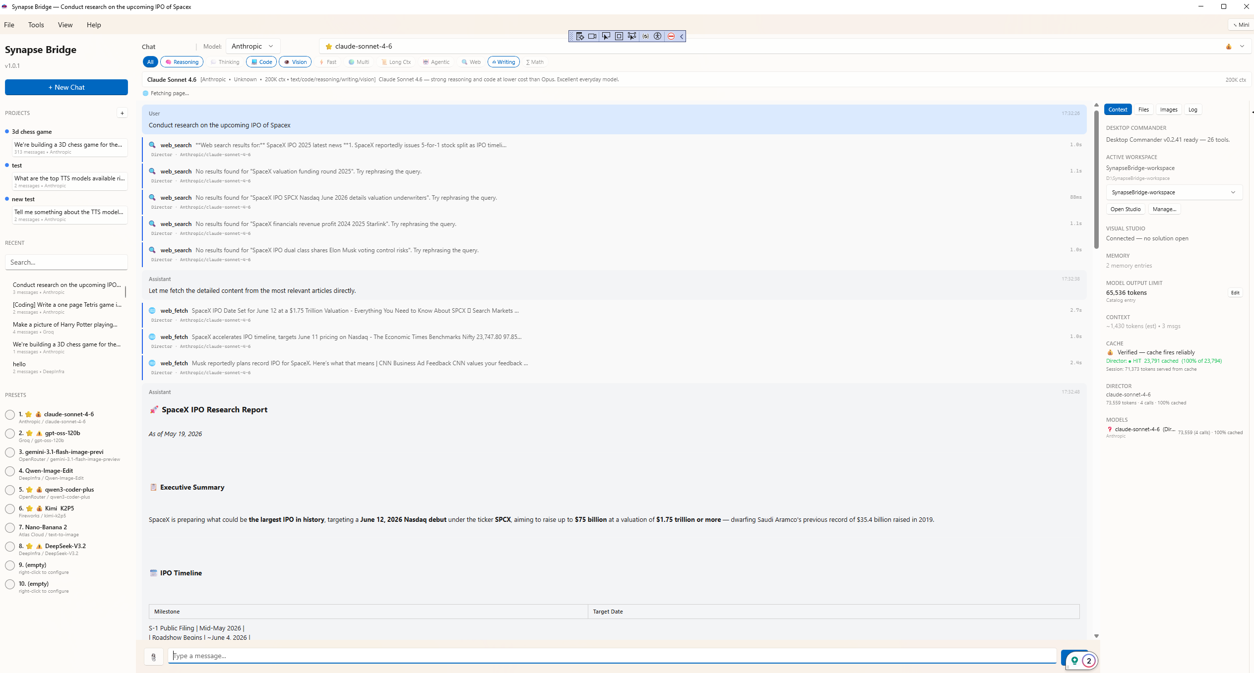 SynapseBridge web search in action